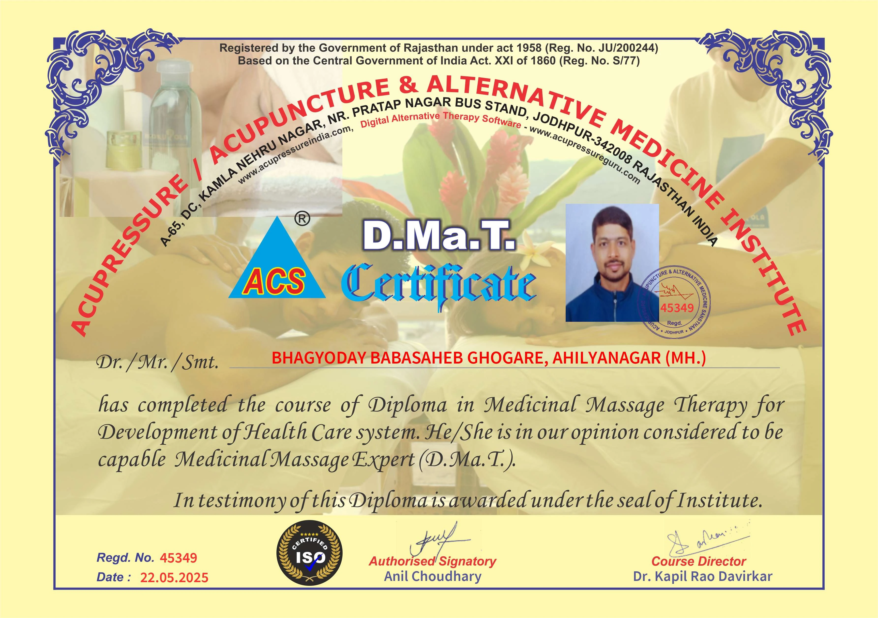 Diploma in Medicinal Massage Therapy (D.Ma.T) Certificate