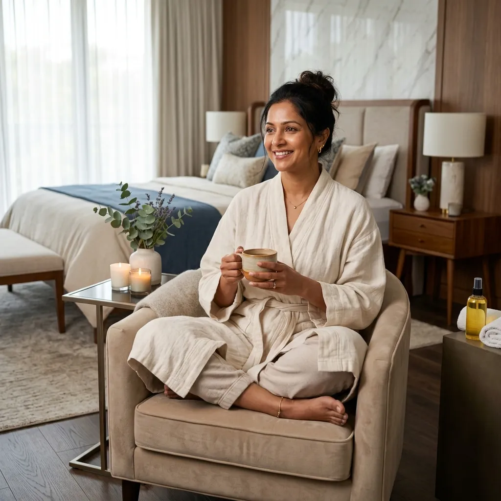 Happy Relaxed Client holding tea after doorstep session